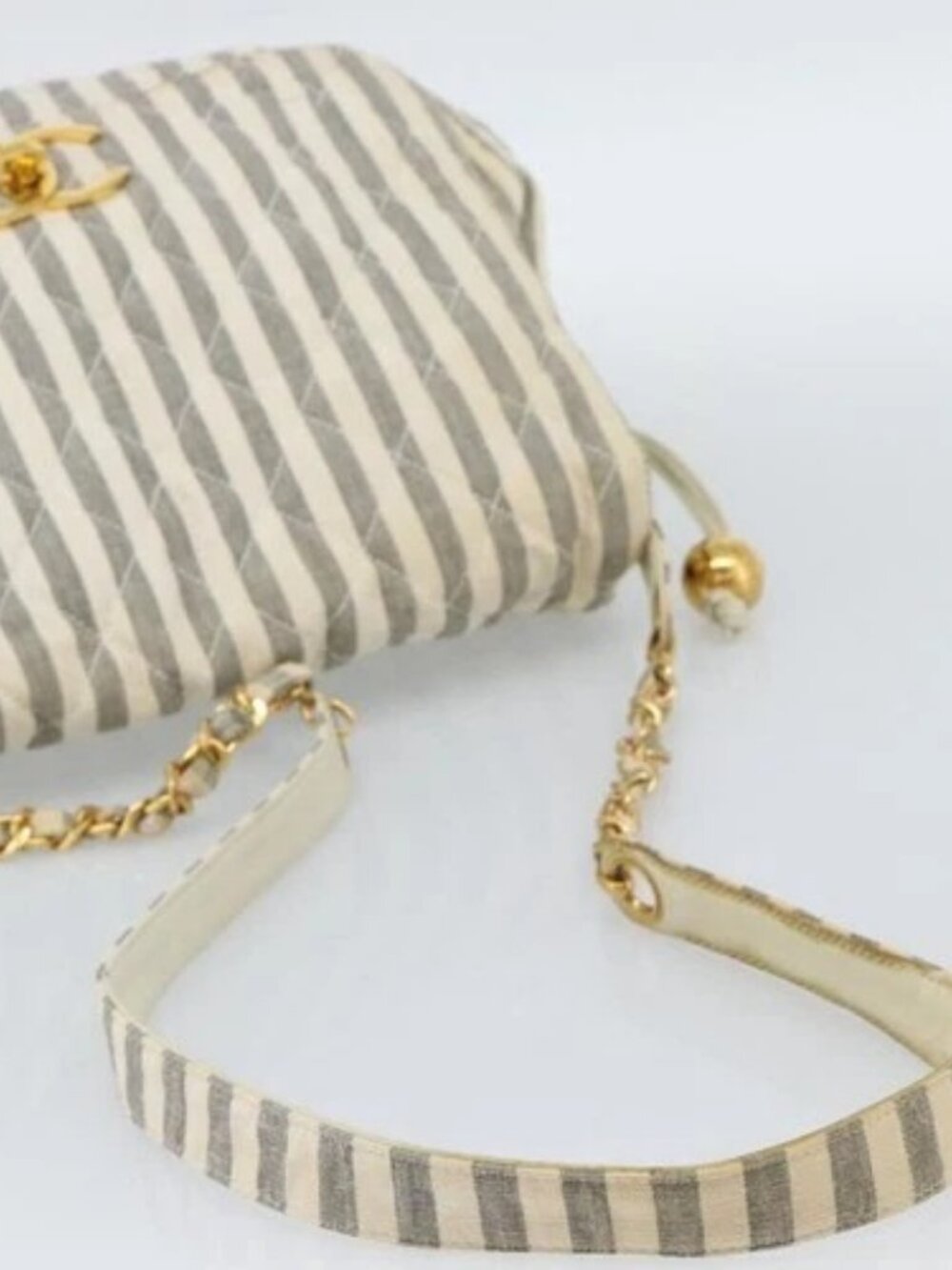 CHANEL Striped Matelasse Chain Shoulder Bag Canvas White Gray CC Auth bs3642 - Picture 6 of 16
